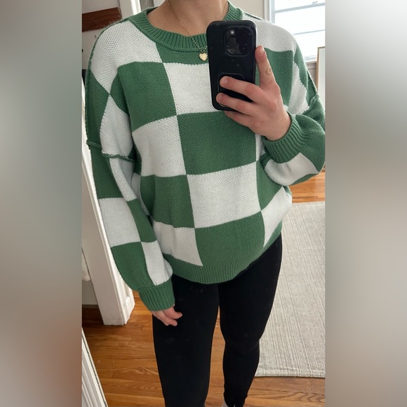 SHEIN Sweaters - SHEIN Green and White Plaid Sweater